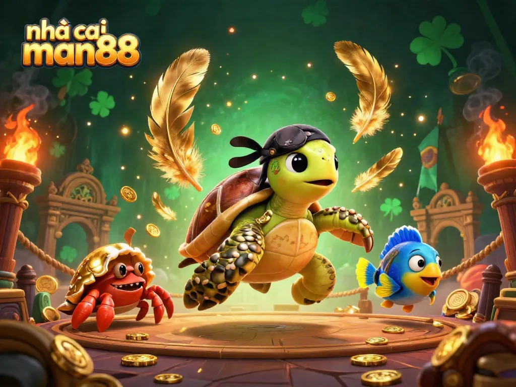 Engage in thrilling gameplay at nhà cái man88 with a cartoon turtle, crab, and parrotfish above treasure.
