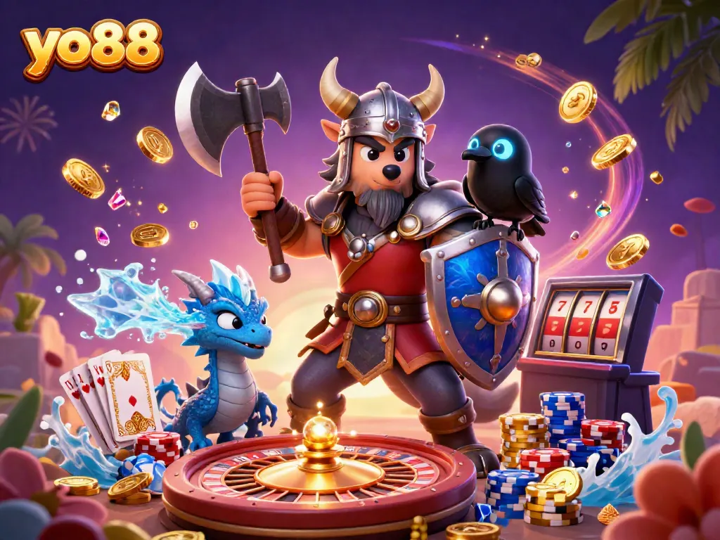 Spin and win with yo88: Viking wolf warrior, fierce dragon, and glowing raven create a thrilling casino scene.