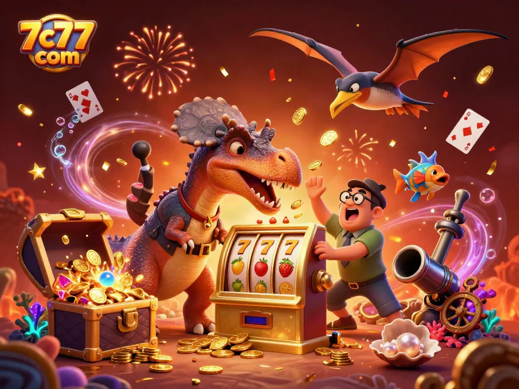 Experience excitement with 7c77 com as characters engage, winning jackpots and collecting coins in a vibrant casino scene.