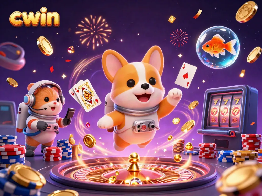 Experience the dynamic gameplay of CWIN in a vibrant space casino environment with playful characters.