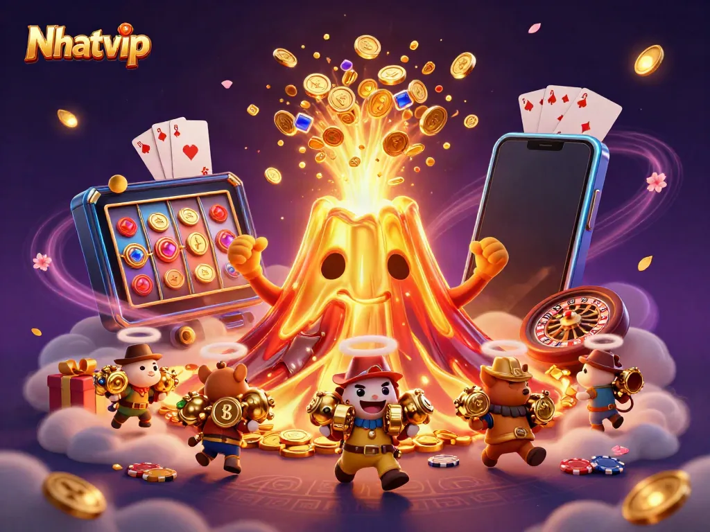 Nhatvip showcases vibrant gaming excitement with a volcano erupting coins and an enchanting casino scene.