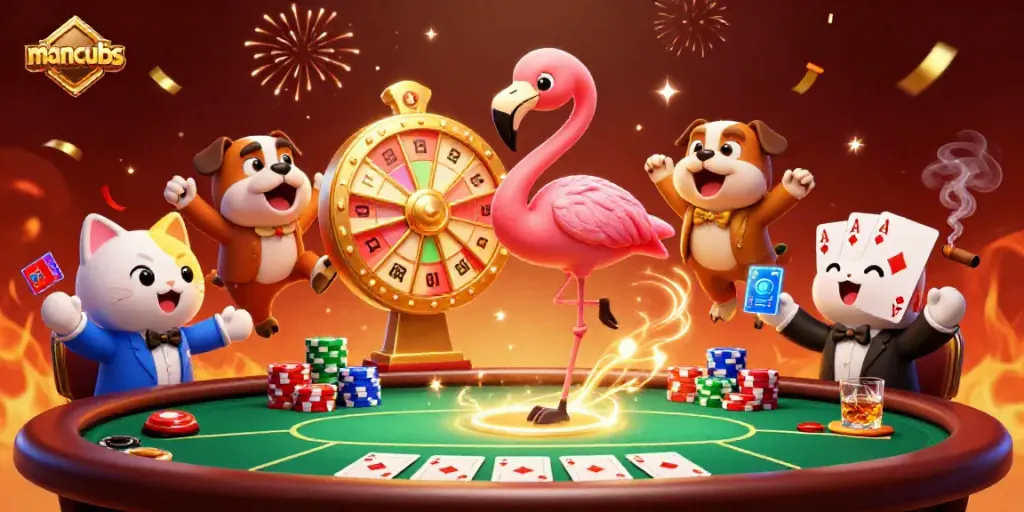 Spin to win at manclubs with vibrant gaming fun and characters celebrating in a casino scene.