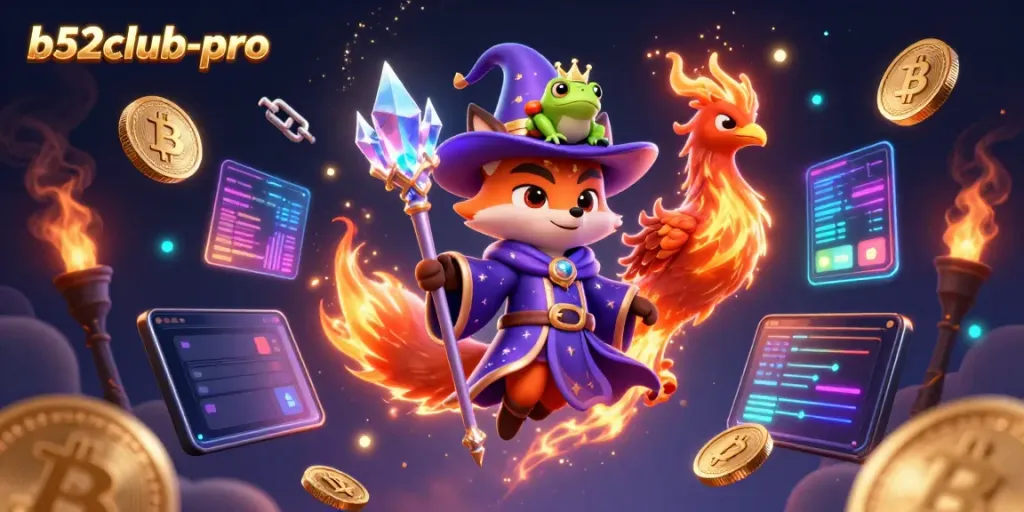 Experience the magic of b52club-pro with a whimsical gaming scene packed with excitement and crypto elements.
