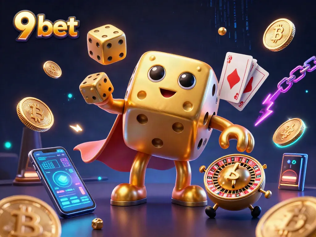 Experience the thrill of 9 bet with dynamic golden dice characters and crypto elements in an exciting casino scene.