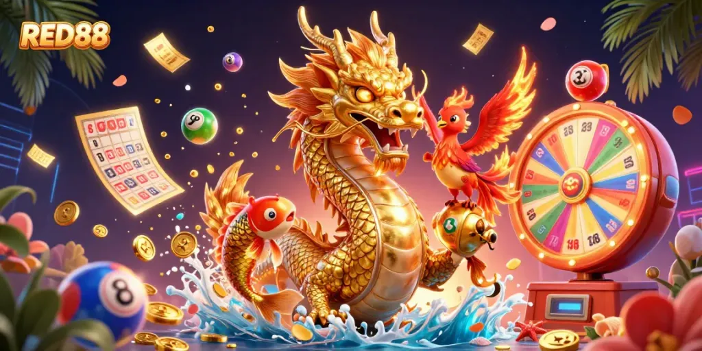 Engage with the exciting world of RED88 while enjoying vibrant thematic illustrations featuring dynamic casino elements.