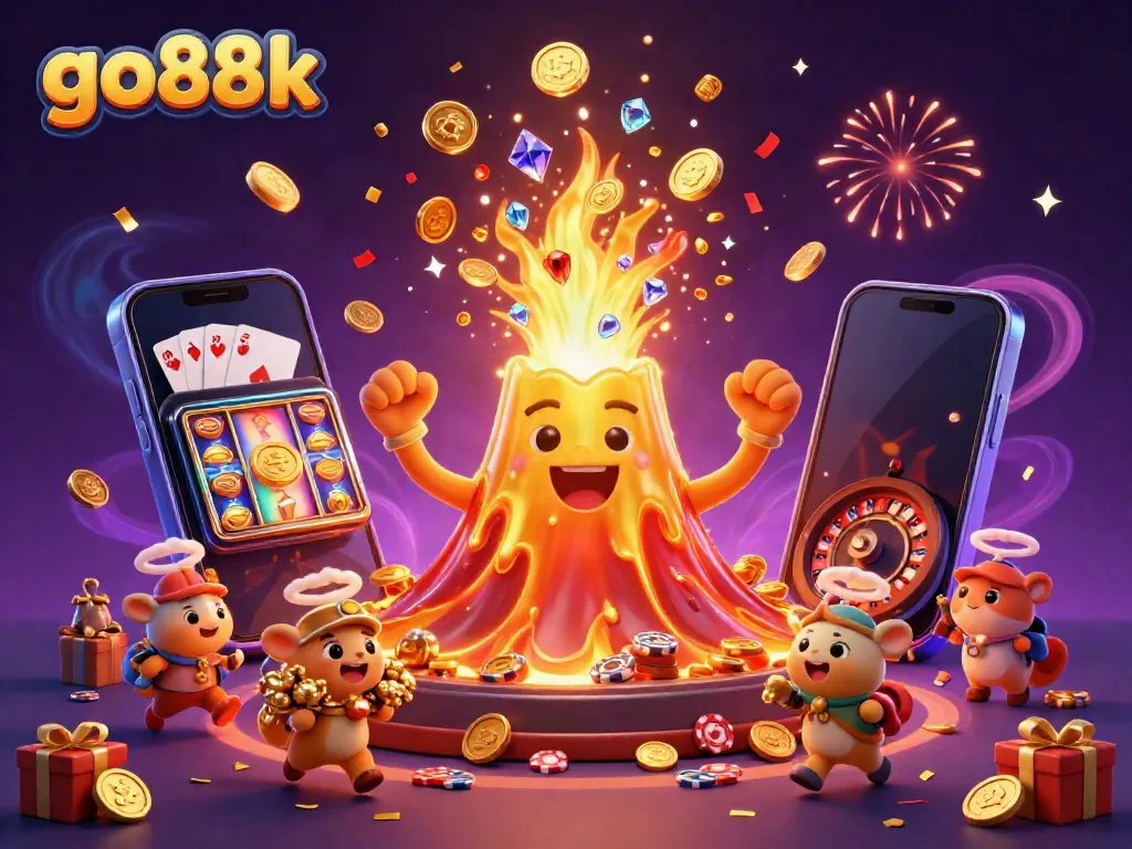 Experience excitement at go88k with a dynamic 3D volcanic eruption of coins and treasures in this thrilling casino scene.