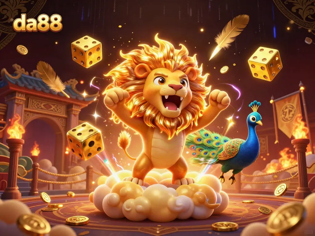 Spin the reels with da88 as the roaring lion symbolizes winning luck amidst vibrant casino elements.