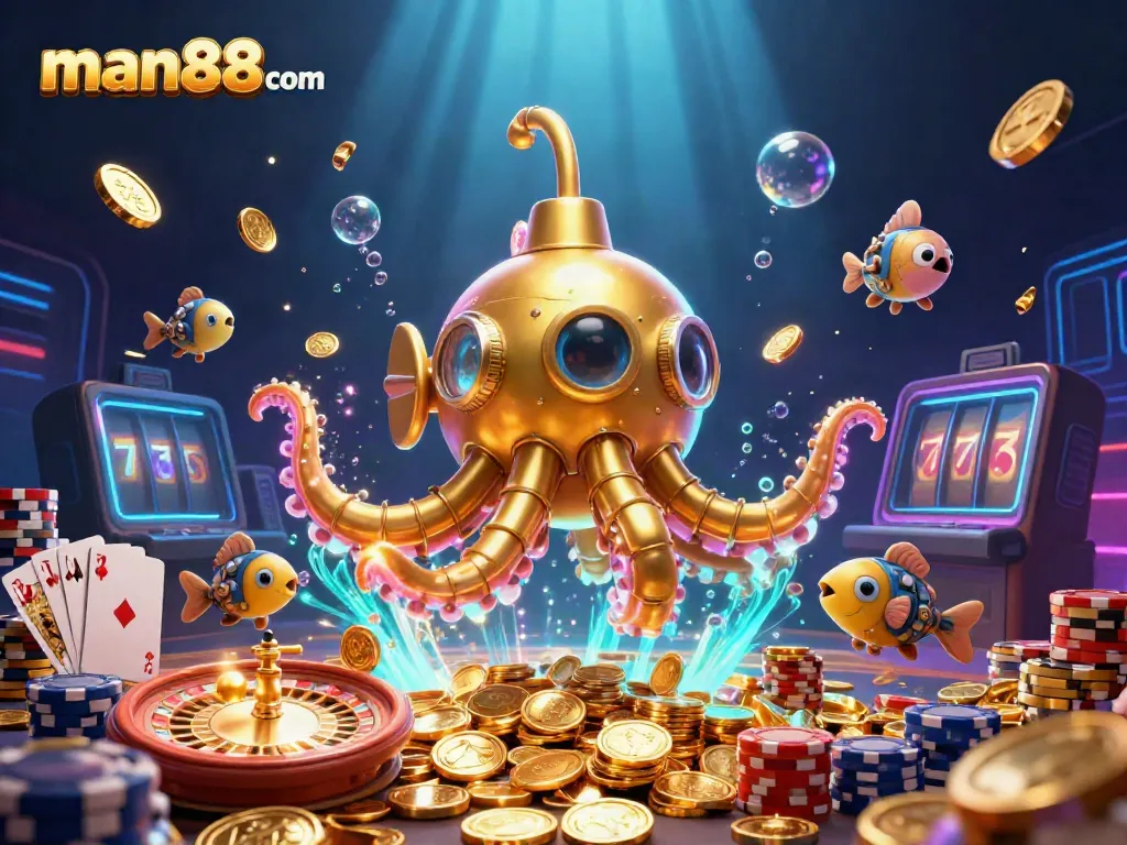 Experience thrilling wins at man88 com with a 3D kraken submarine and vibrant casino elements.