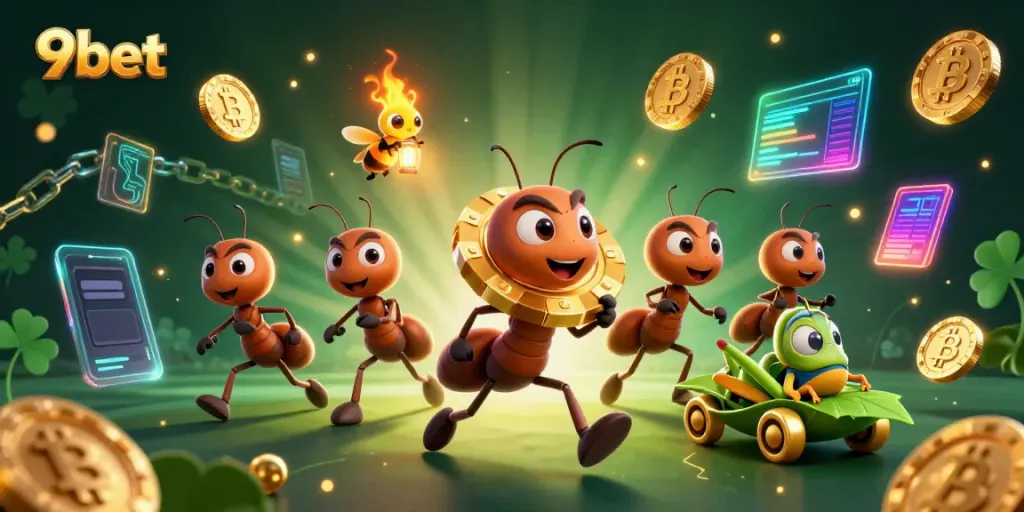 9bet highlights a 3D ant character heist scene with vibrant colors and vibrant casino elements.