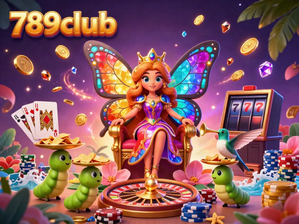 Play at 789clubb with a vibrant 3D scene showcasing gaming elements and a whimsical butterfly queen.
