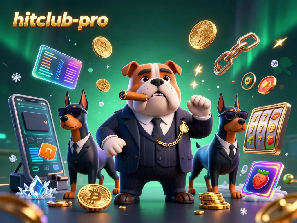 Engage in gaming excitement with hitclub-pro as a mafia boss bulldog and bodyguard Dobermans surround vibrant slot-themed elements.