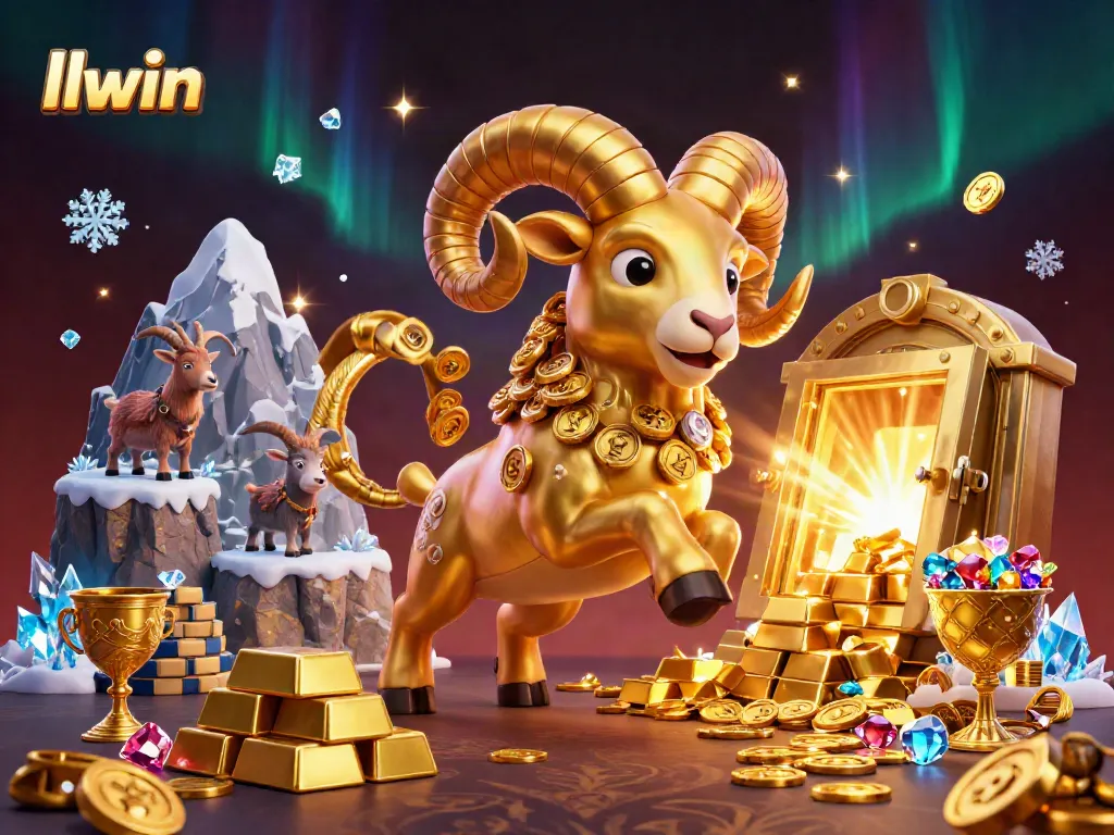 Experience winning at llwin with this vibrant 3D illustration of a golden ram charging towards a treasure vault.