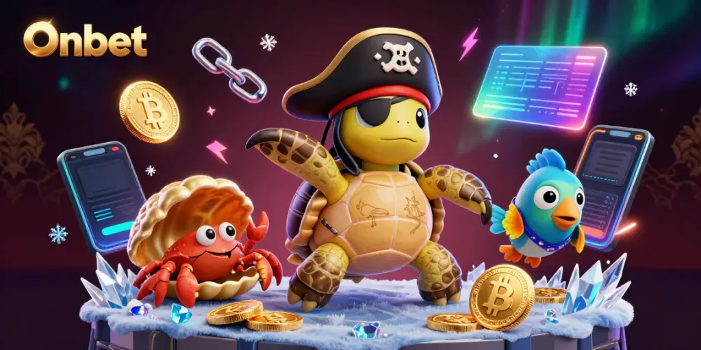 Experience thrilling gambling action at Onbet with a vibrant 3D turtle pirate and treasure scene.