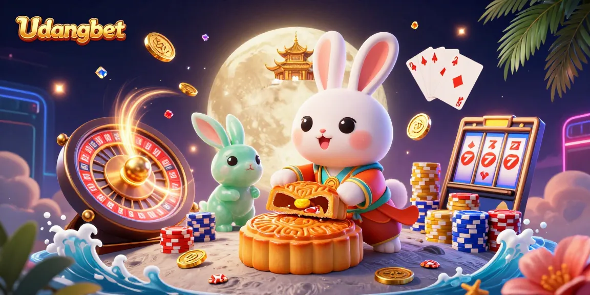 Experience the thrill of Udangbet with a captivating 3D scene featuring a moon rabbit and casino elements.