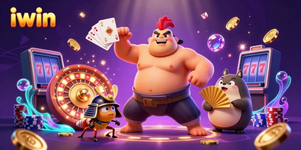 Experience thrilling gaming with iwin in this vibrant casino scene featuring a sumo wrestler rooster.