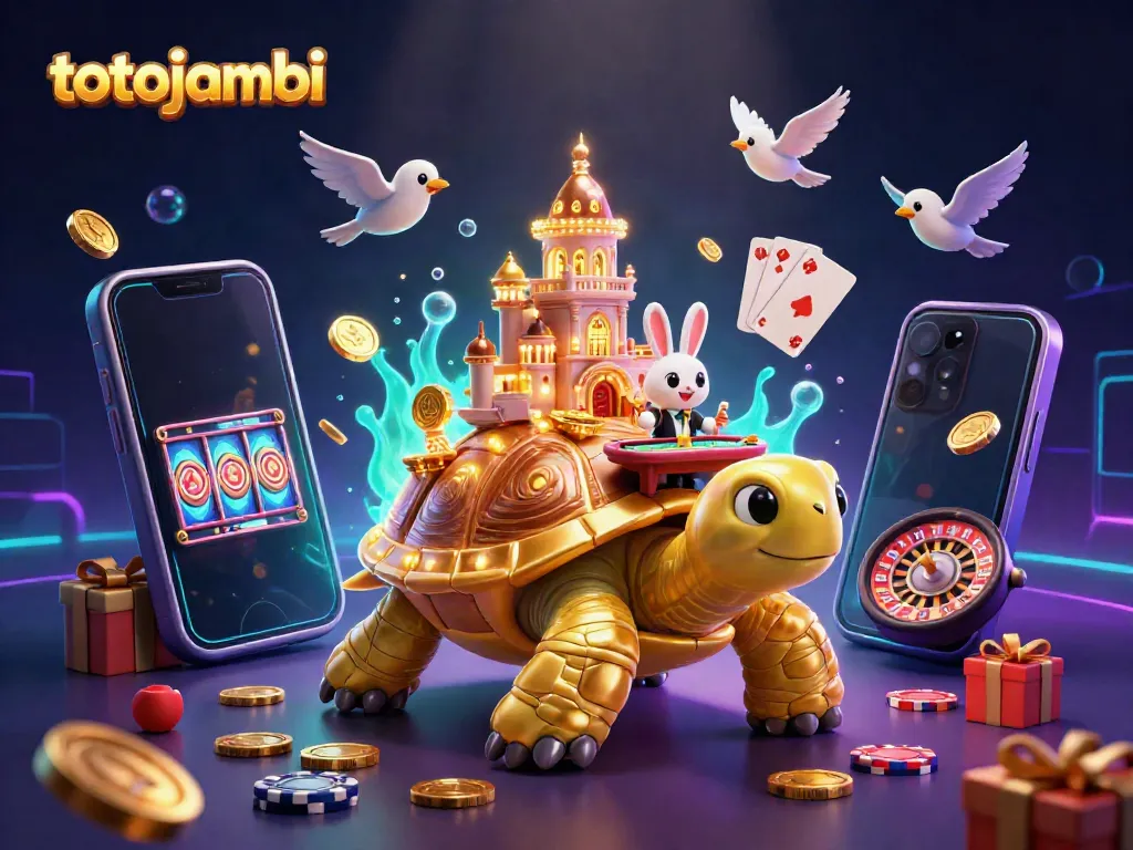 Engage in thrilling adventures with totojambi amidst a colorful casino scene featuring a golden tortoise and birds.