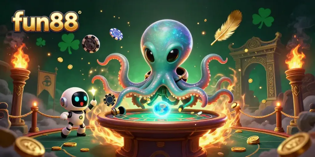 Engage with fun88's thrilling gameplay as a cartoon alien octopus hosts a poker match among cosmic elements.