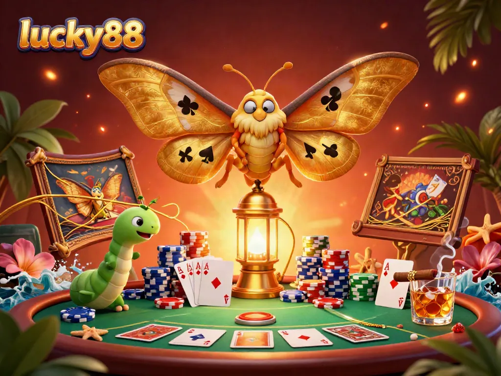 Immerse in exciting lucky88 gaming with a majestic atlas moth heralding vibrant casino scenes.