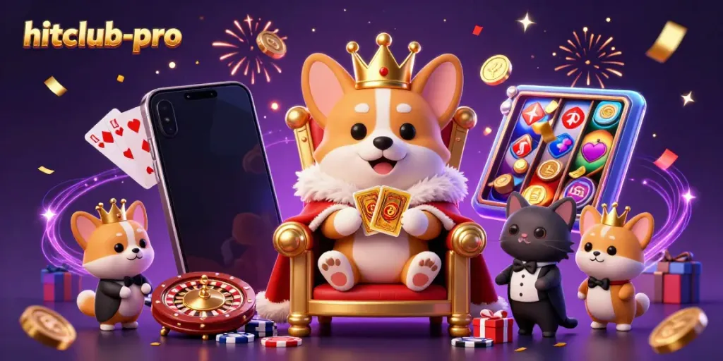 Experience the excitement of hitclub-pro with a vibrant casino-themed illustration featuring a royal corgi and gaming elements.