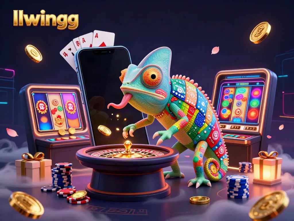 Engage with llwingg's dynamic casino world, featuring a vibrant chameleon owner amid golden coins and gambling elements.