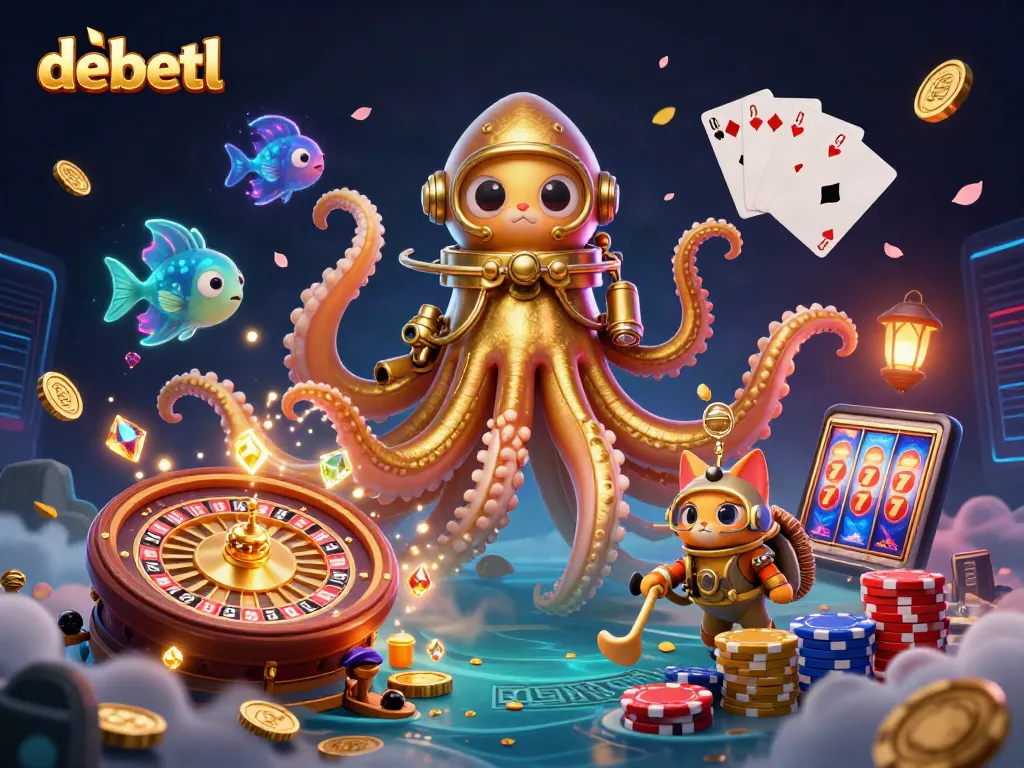 Experience the excitement of debetl with a whimsical underwater scene featuring golden kraken, diving cat, and casino elements.