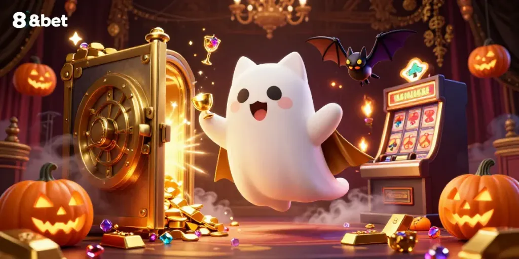 Engage with 8xbet's casino experience featuring vivid 3D illustration of ghost cat, jackpots, and treasures.