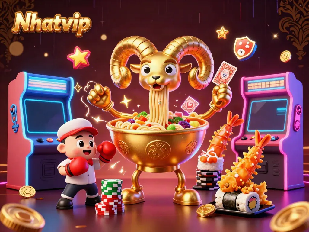 Nhatvip characters dealing cards and stacking chips in a vibrant 3D casino scene.