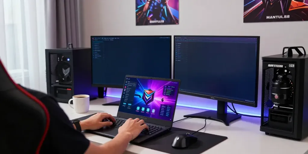 MANTUL88 login scene with a focused gamer using laptop surrounded by gaming gear