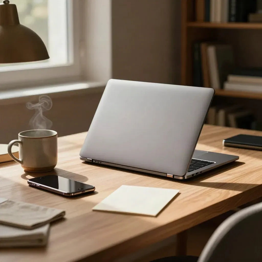 Zamknięty laptop, kubek, telefon i czysta kartka na biurku w ciepłym świetle