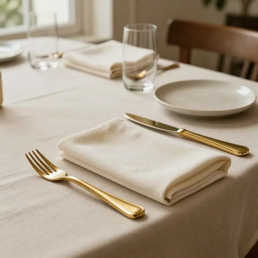 Nakrycie stołu w eleganckiej restauracji: nóż, widelec, serwetka i chlebowy talerzyk na lnianym obrusie.