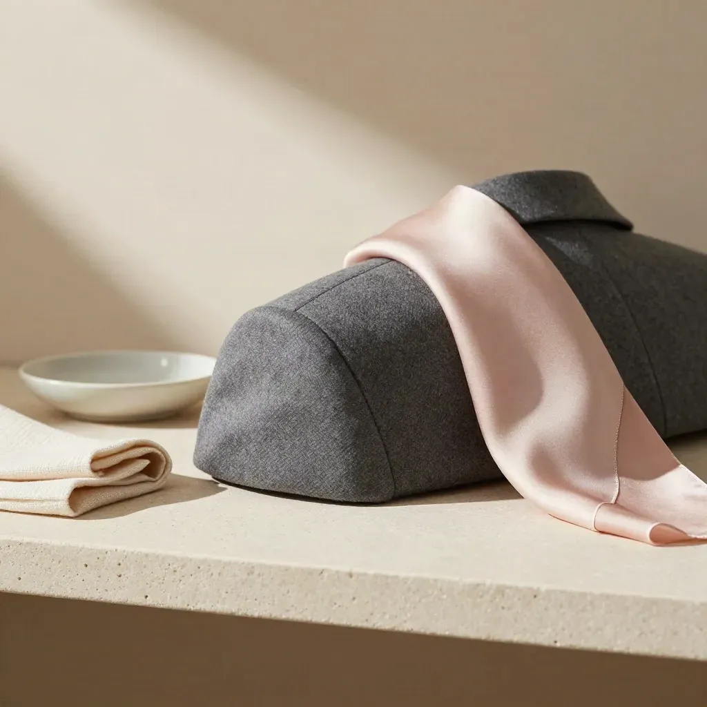 Marynarka i jedwabna apaszka na kamiennej półce, obok mała ceramiczna miseczka.