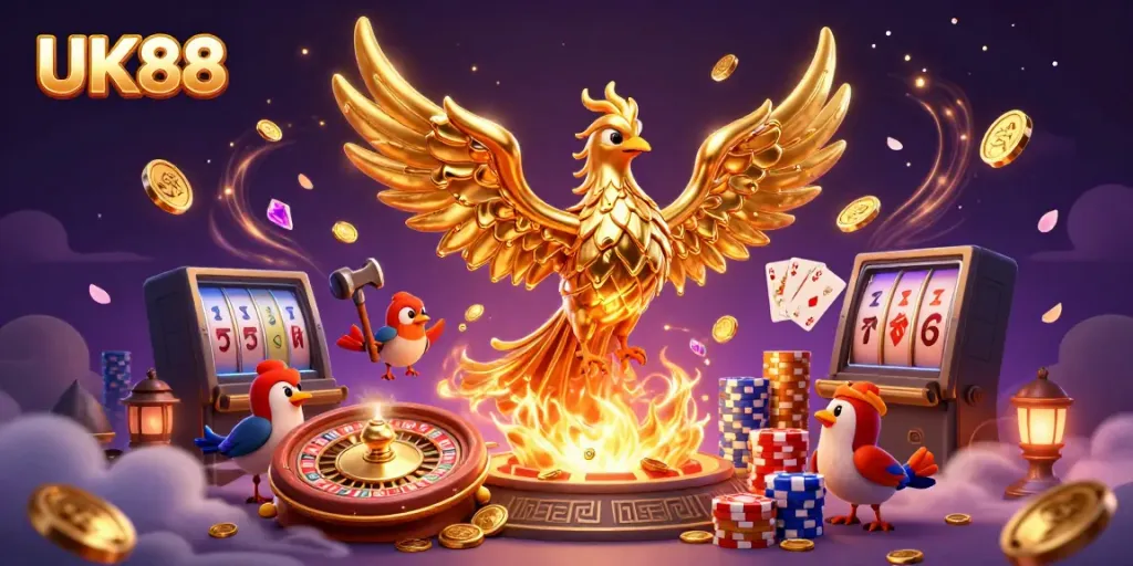 UK88 engages players with an animated scene featuring a molten phoenix and dynamic casino elements.