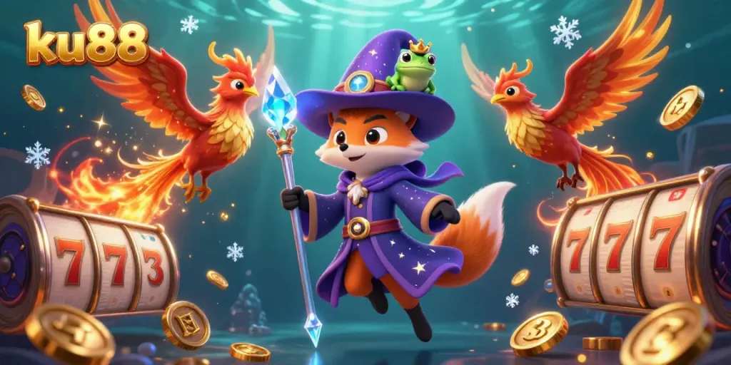 Experience the thrilling casino world of ku88 with a mystical wizard fox and dazzling characters.