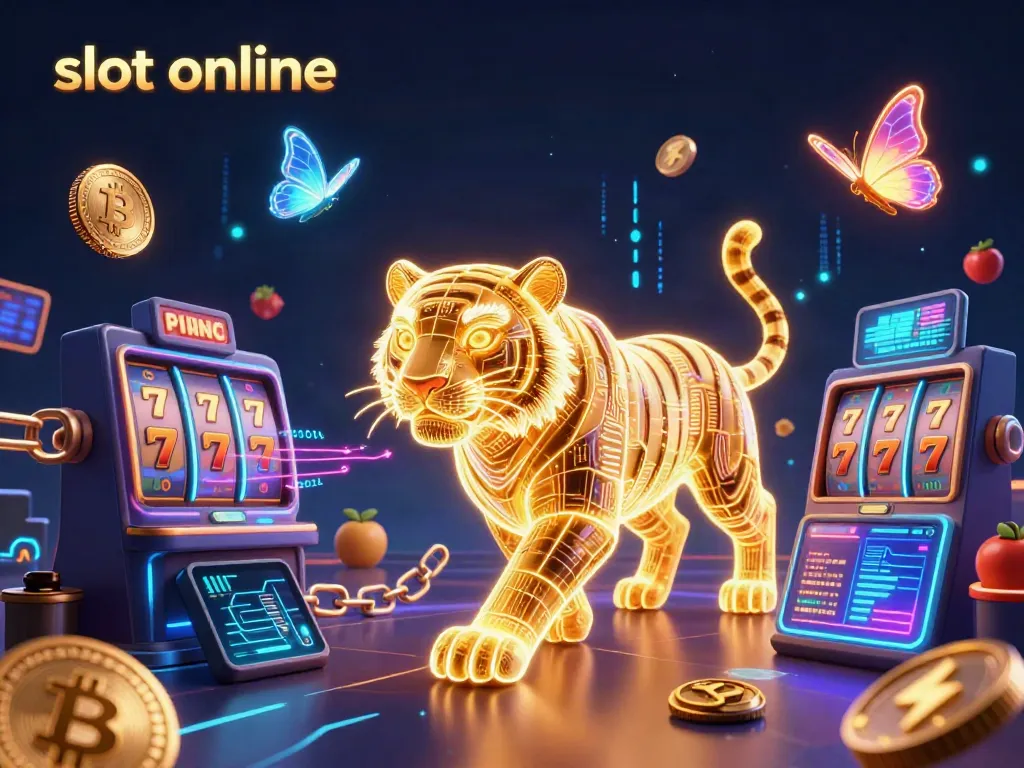 Engage with slot online gameplay in a vibrant digital casino with glowing 3D elements.