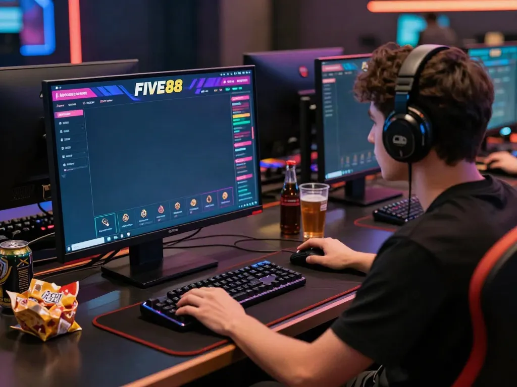 Exciting online gaming experience featuring a player betting on nhà cái five88 with vibrant visuals and modern setup.