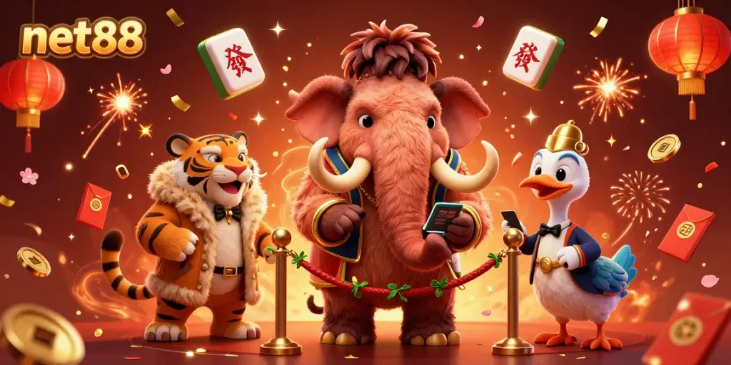 Experience thrilling gaming with net88 as a woolly mammoth bouncer welcomes VIPs at the casino entrance.