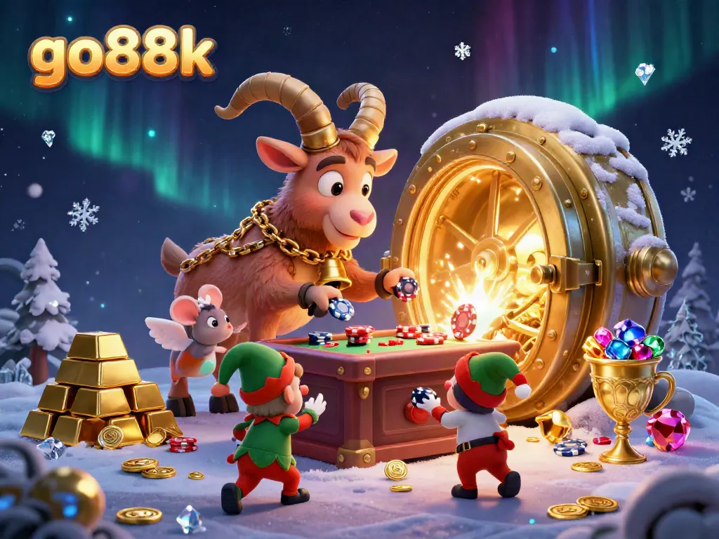 Engaging scene of go88k featuring a Krampus goat and playful elves in a dynamic casino adventure.