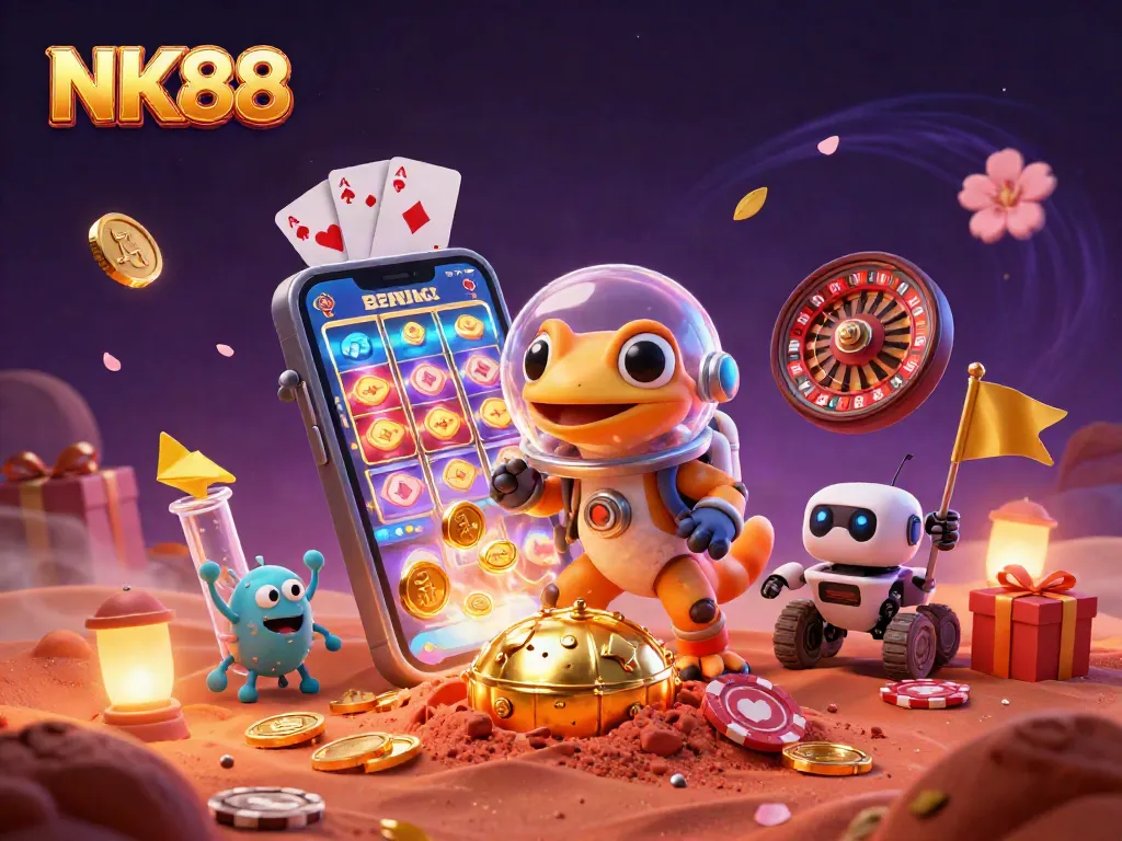 Play thrilling games with NK88 in this vibrant 3D casino scene featuring rich details and excitement.