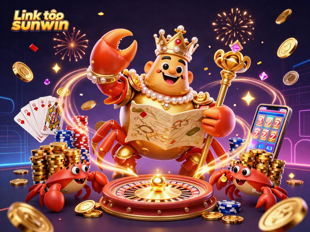 Experience the excitement of Link vào sunwin with a lively scene featuring a golden crab emperor and vibrant game elements.