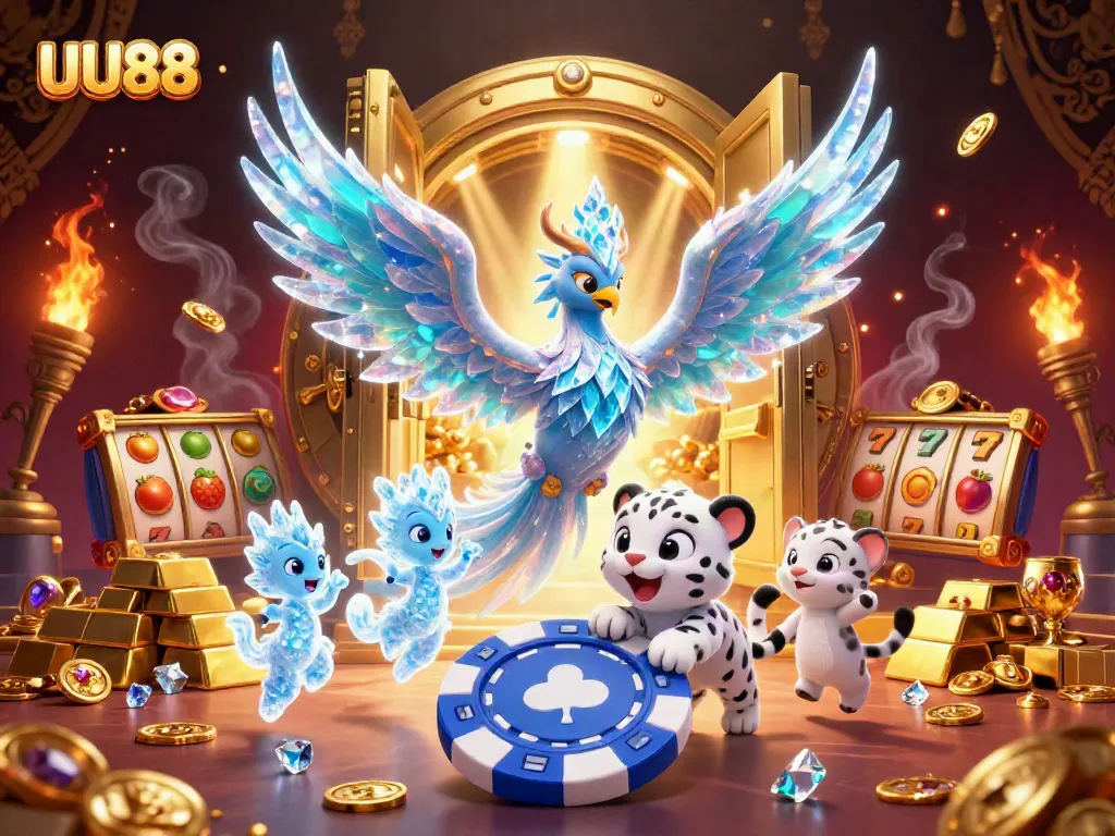 Engage with UU88 at this 3D casino scene featuring an ice phoenix, snow leopard, and sparkling treasures.