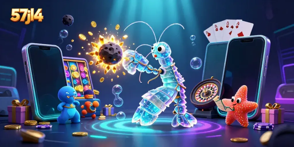 Engaging 3D scene showcasing 57jl4's vibrant casino atmosphere with cartoon characters and rich gaming elements.