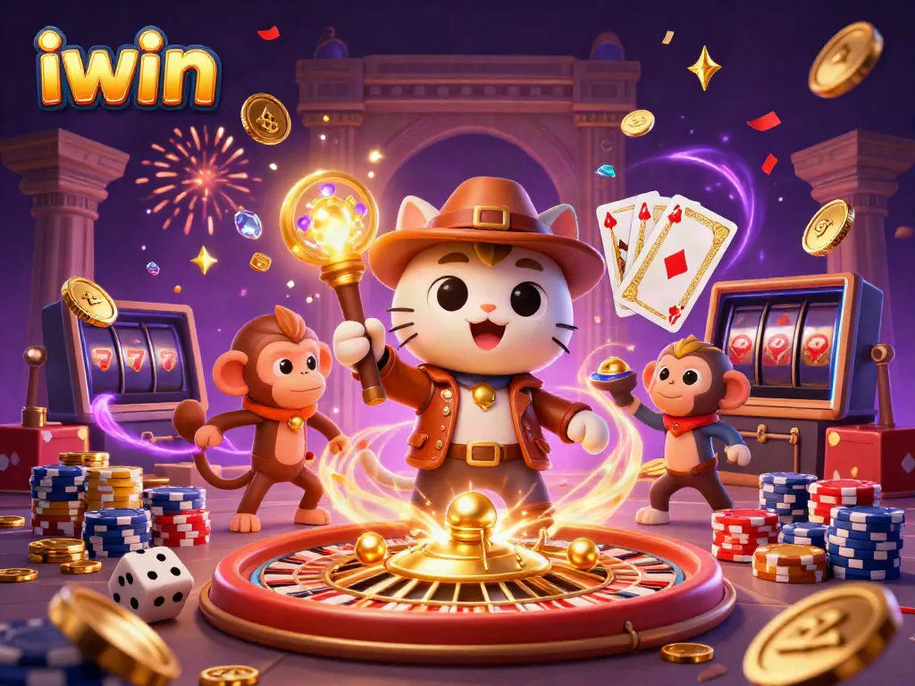 iwin casino showcases a cat explorer and monkey companion in a vibrant treasure hunt scene.