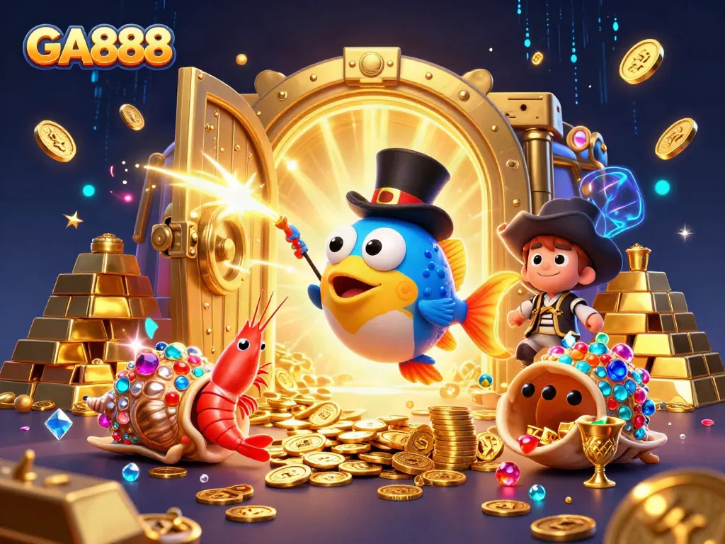 Engage with GA888's immersive gaming world featuring anglerfish, shrimp, and sea snail amidst glowing treasures.
