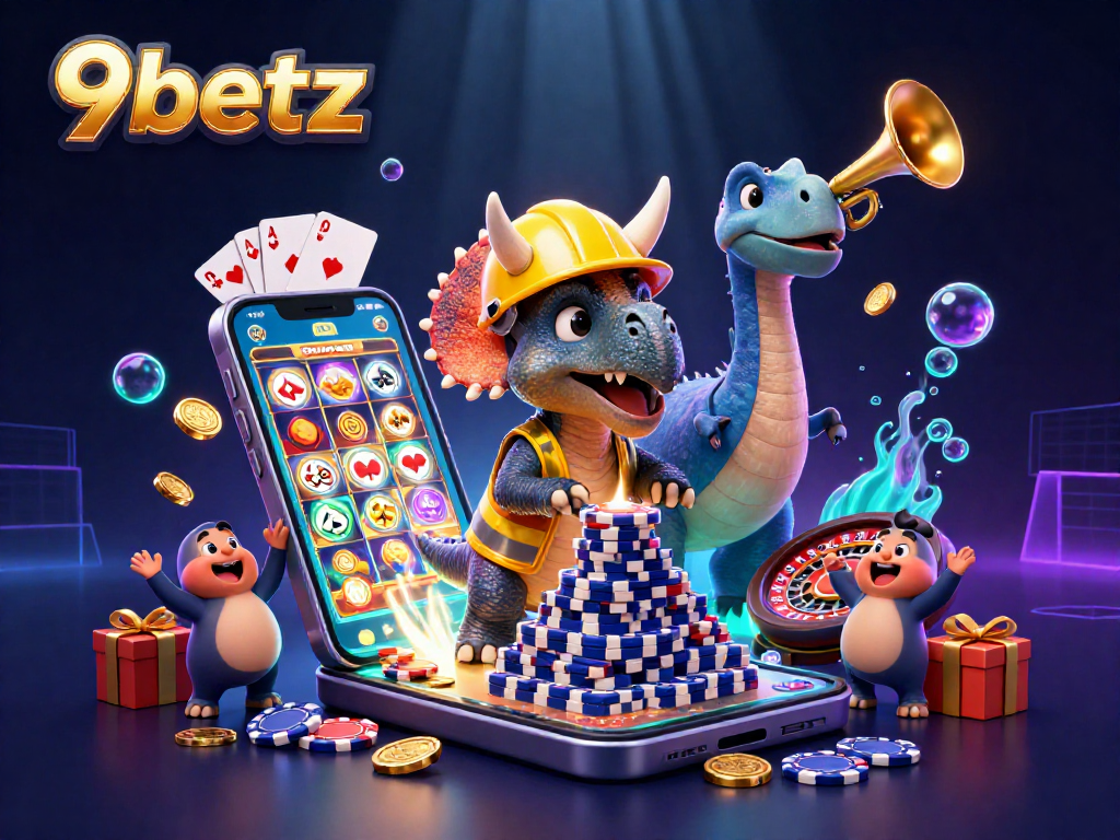 Celebrate wins with 9betz in a vivid 3D scene featuring gambling excitement.