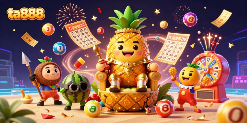 Engage with thrilling moments at ta888 as vibrant lottery balls bounce amid lively casino characters.
