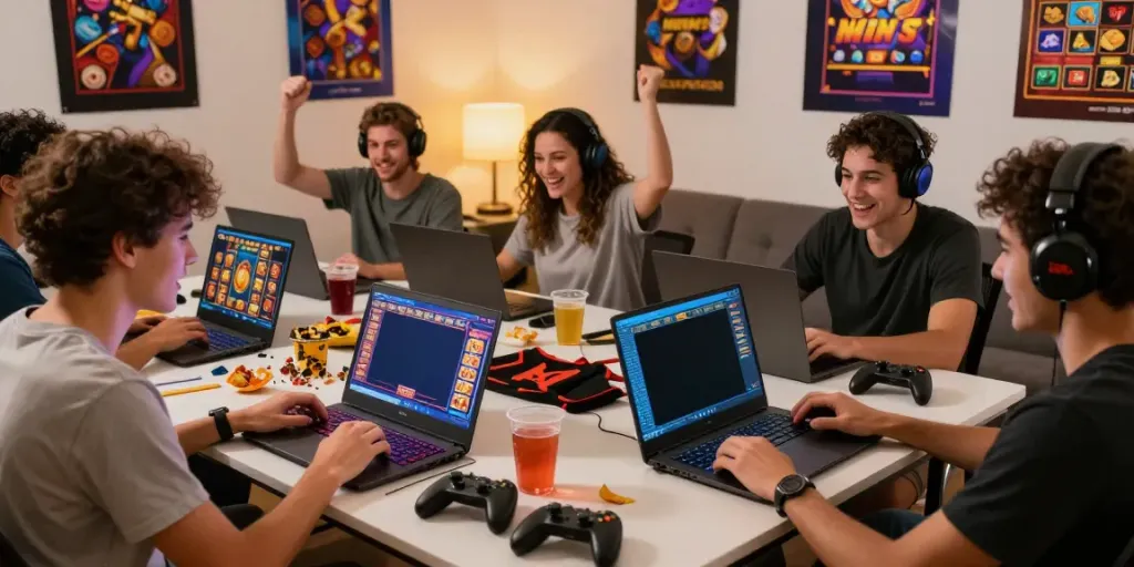 Friends celebrating a big win while playing slot gacor gampang menang online together.