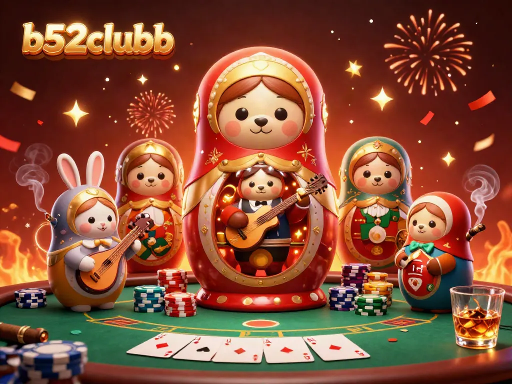 Exciting b52clubb gaming scene with colorful poker elements and lively characters.
