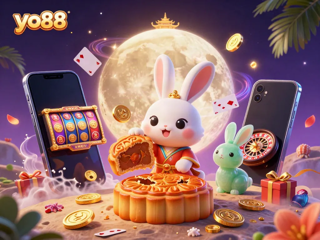 Experience thrilling gameplay at yo88 with a vibrant scene of a moon rabbit and casino elements representing exciting wins.