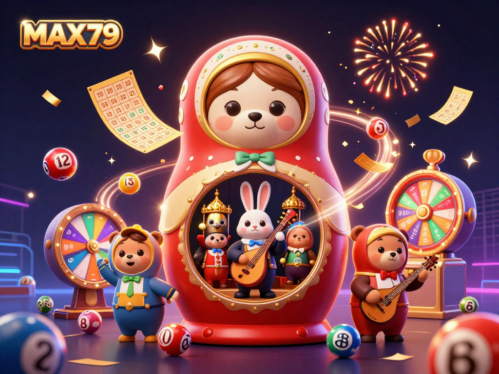 Experience exciting wins at MAX79, featuring colorful lottery balls and dynamic casino elements.
