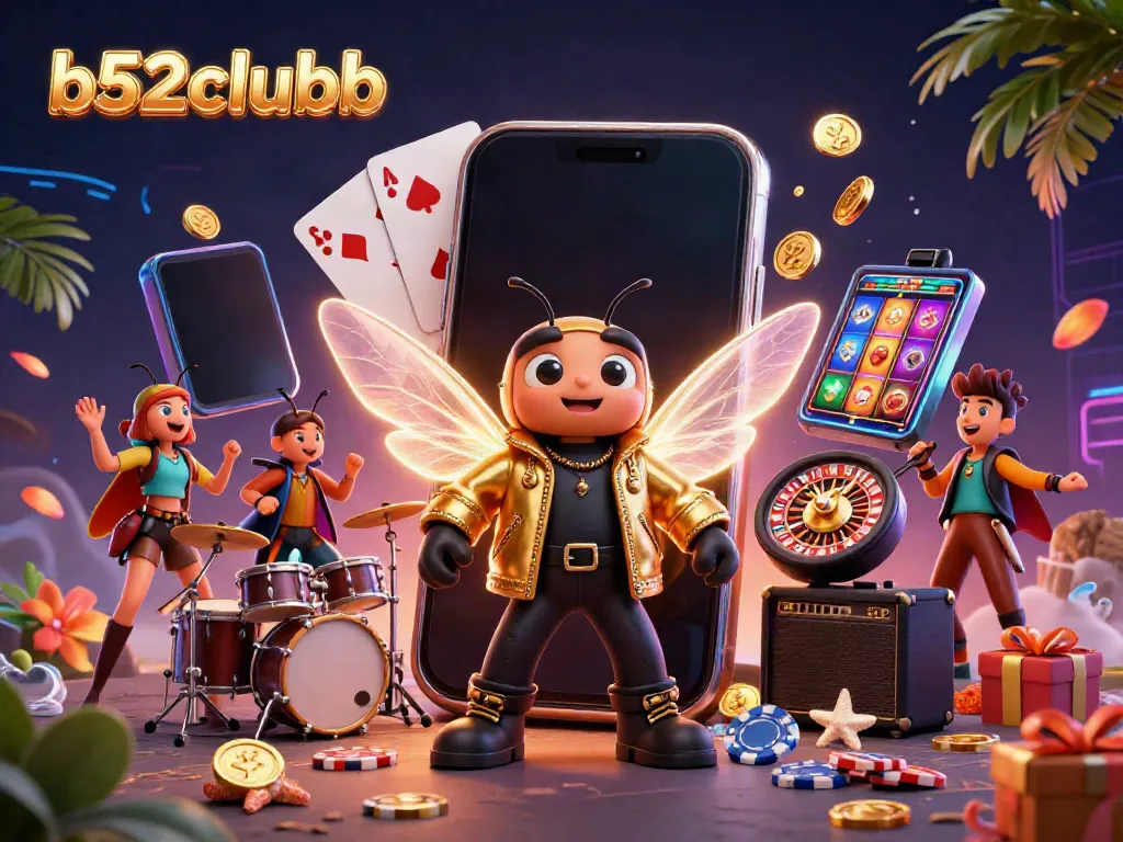 Experience thrilling gameplay with b52clubb through a vibrant illustration featuring slot games and engaging characters.